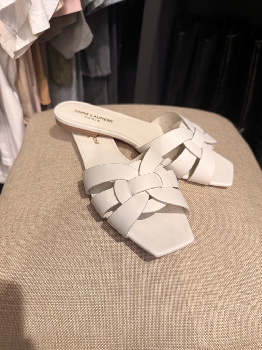 Saint Laurent Tribute White Leather Slide Sandals Flats Size 38.5 worn once box - Picture 2 of 11